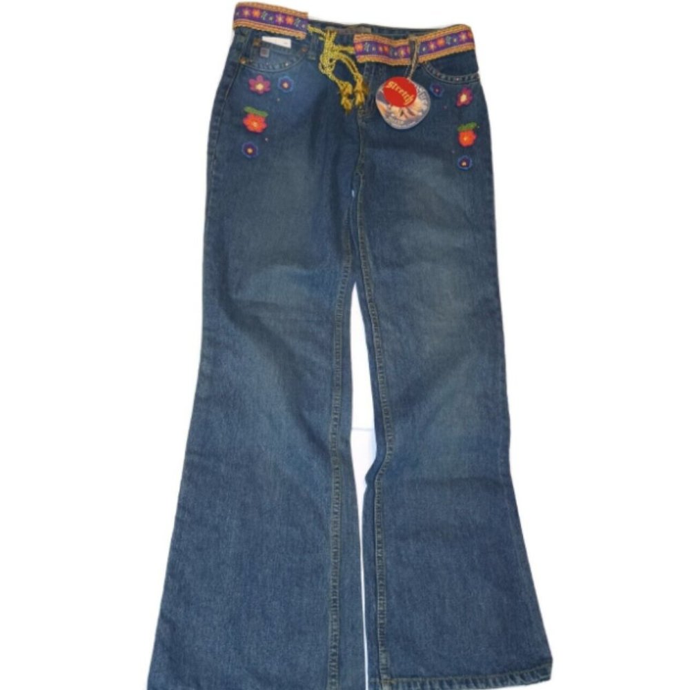Paris Blues Flare Jeans Girls Size 16 Stretch Denim Crochet Flowers Boho Y2K